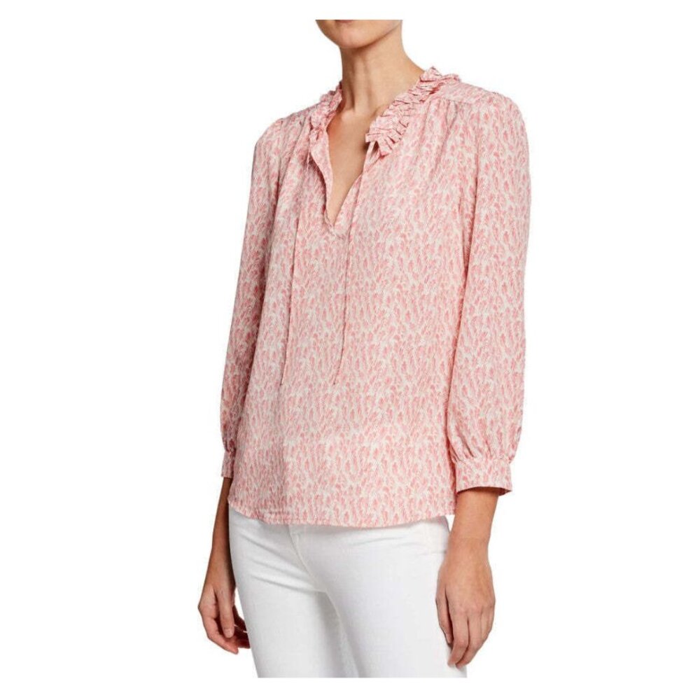 Joie Evangeline Pink Print Ruffle Tie Neck Blouse Size XS